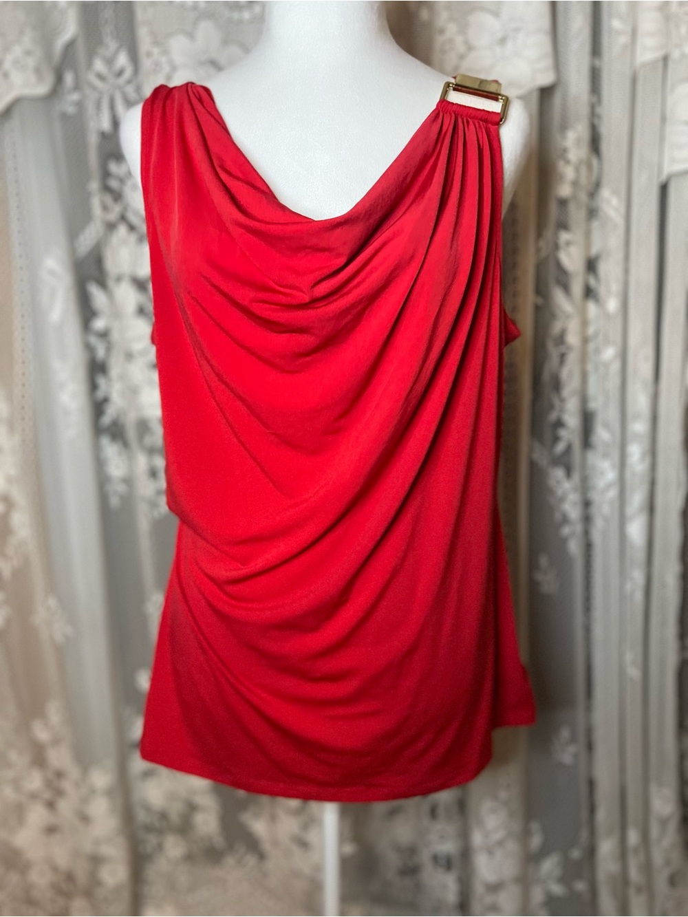 NWT Michael Kors Red Drape-Back Tank with Gold Shoulder Buckle Large
